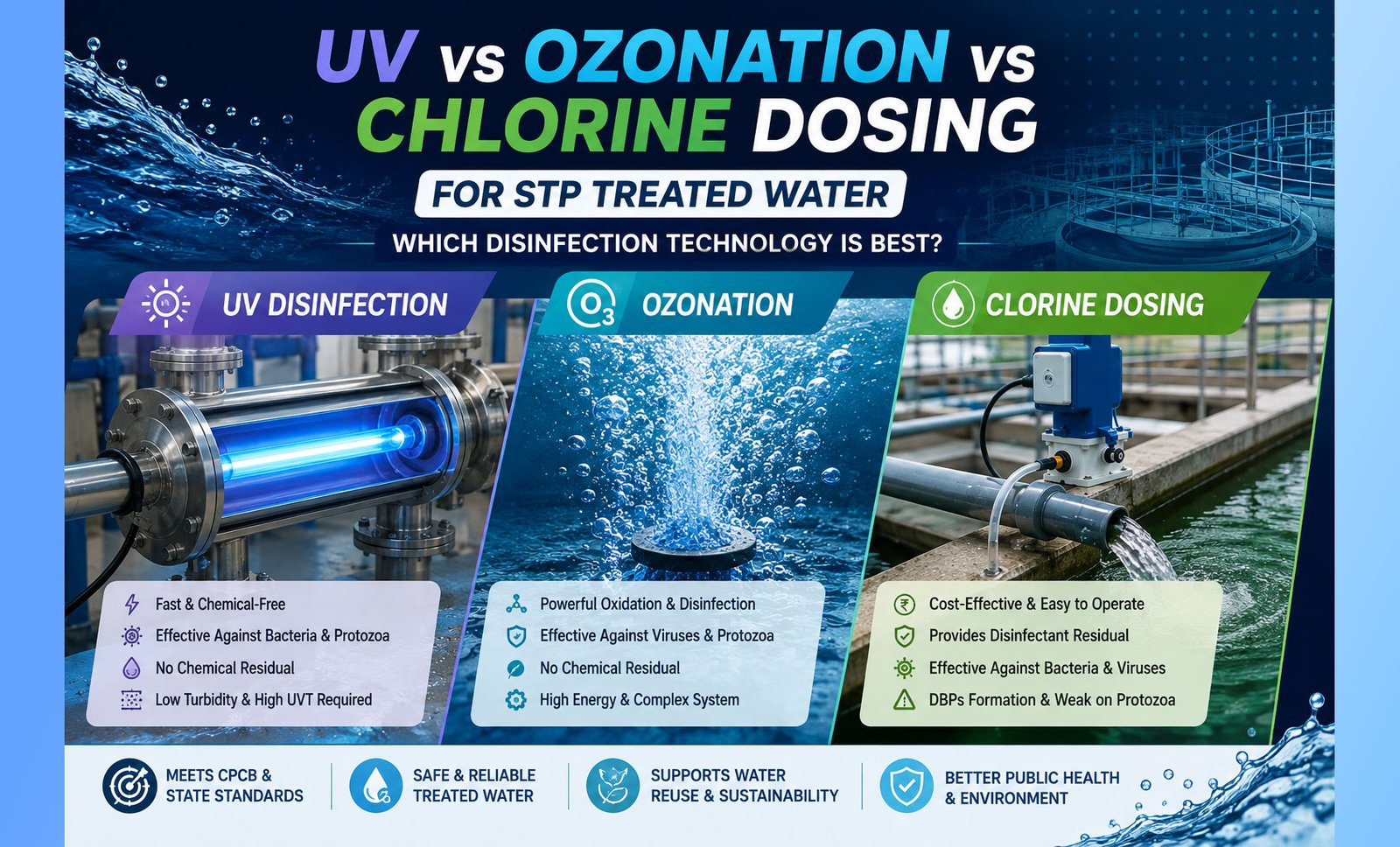 UV vs Ozonation vs Chlorine Dosing for STP Treated Water